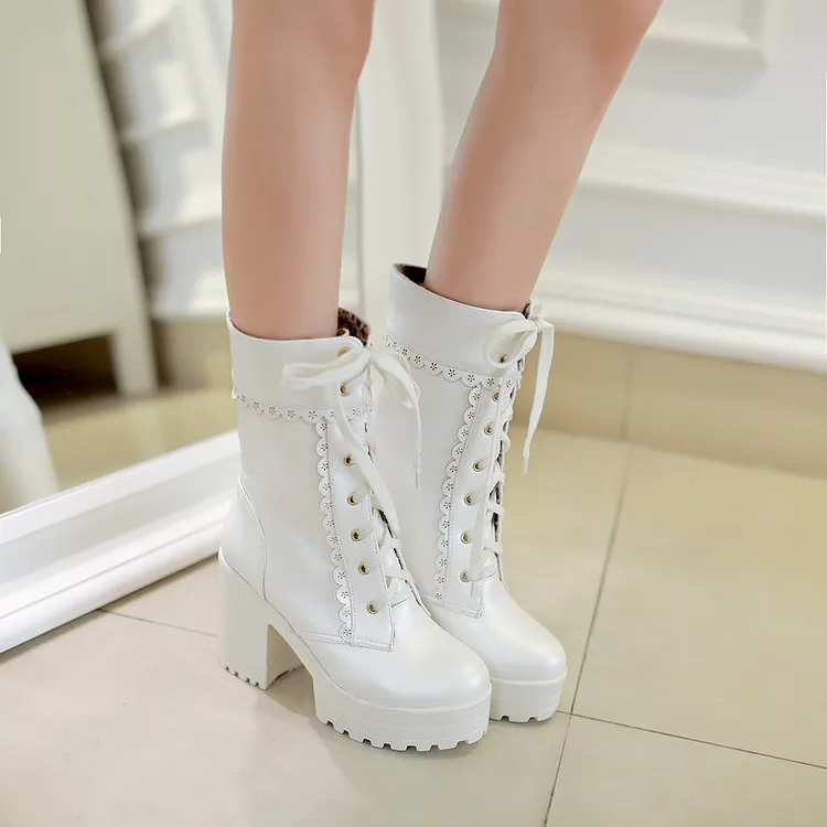 Новые японские милые короткие сапоги на платформе сапоги нимфетки на высоком каблуке в Корейском стиле в стиле Харадзюку, обувь Лолиты с тяжелой подошвой - Цвет: Белый