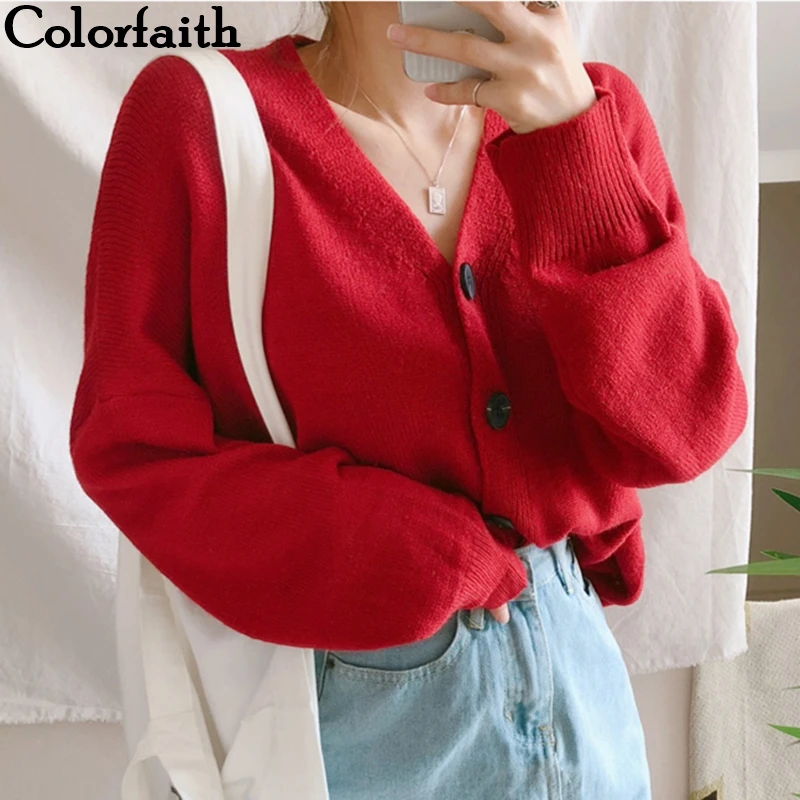 

Colorfaith Women's Sweaters Autumn Winter 2019 Cardigans Knitted Button Single Breasted Fashion Korean Style Red Tops SWC5003