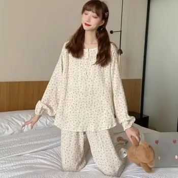 

Autumn Fashion Sweet Pajamas-set Long-sleeve Round Neck Button Printing Pyjamas Trousers Set Casual Homewear Nightwear 2pcs Sets