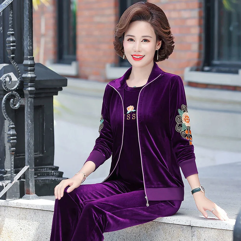 

Women's Set Sporting Suit Flower embroidery Hoodies+Pants+T shirt 3 Piece Gold velvet Tracksuit Autumn Sportswear