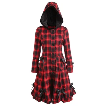

Autumn Coat Women Plaid Hooded Button Up Skirted Coat Gothic Bow Lace-Up Long Pocket Women Lolita Outerwear Trench Coats