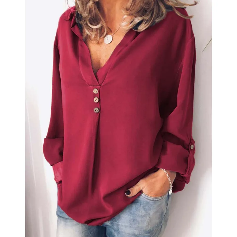 

Plus Size 5XL New Autumn Winter 2019 Women Blouses Plus Size Women Button V Neck Women Long Sleeve Shirts Women Tops