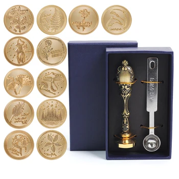 

Vintage Metal Natural Tree Plant Wax Seal Gift Box Copper Stamp Metal Handle Spoon Scrapbookin DIY Gift Ancient Seal Stamp Set
