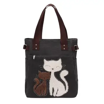 

Hot Lovely Cute Cat Canvas Handbag for Girls Ladies Large Capacity Casual Bag Women Portable Solid Zipper Shoulder Bag Bolsos