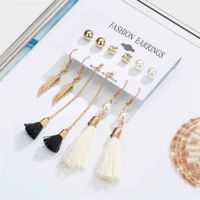 qw41711 Сережки с кисточками Boho Длинные серьги в богемном стиле набор для женщин Brincos Геометрическая ткань женская Сережка-гвоздик ювелирные изделия - Окраска металла: qw41711