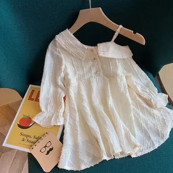 

Children Off-shoulder Dress Baby Girl Clothes Asymmetrical Collar Temperament Dress Solid Girls Dress Long Sleeves