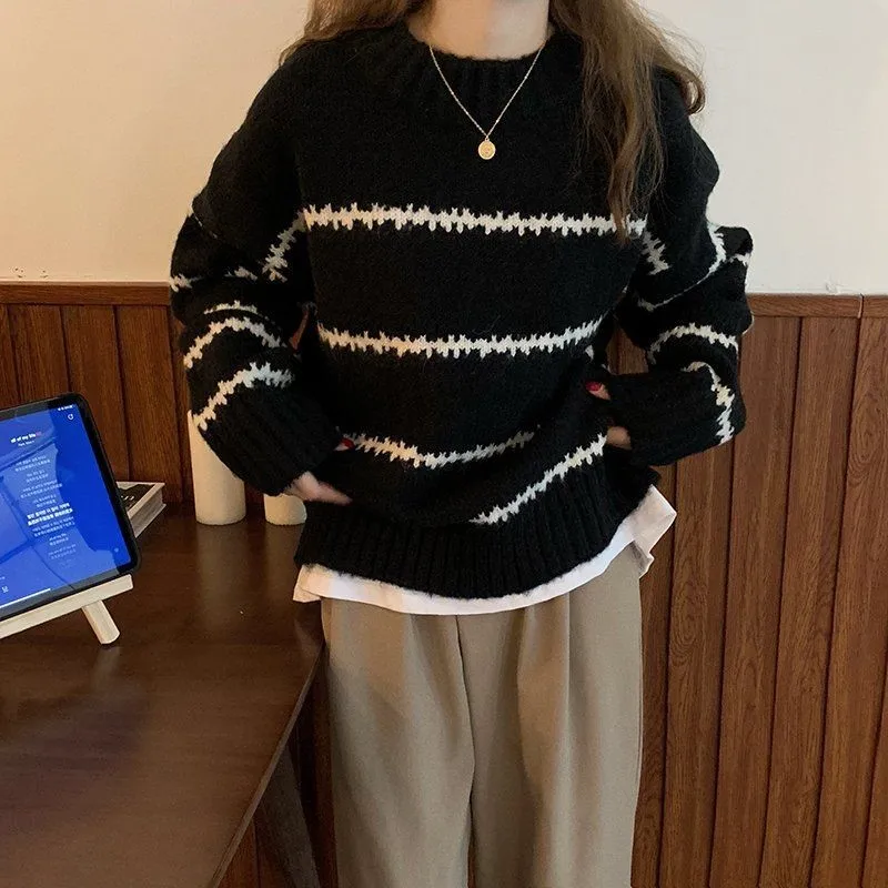 Suéter grueso y cálido con rayas para mujer, jersey de otoño e invierno de manga larga, holgado, con cuello alto, ropa informal para mujer_voghion.com