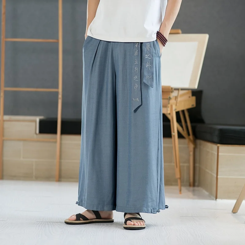 Men Cotton Linen Wide Leg Pants Summer Harajuku Male Streetwear Harem Pants Man Chinese Style Hanfu Kongfu Trousers Skirt 31121