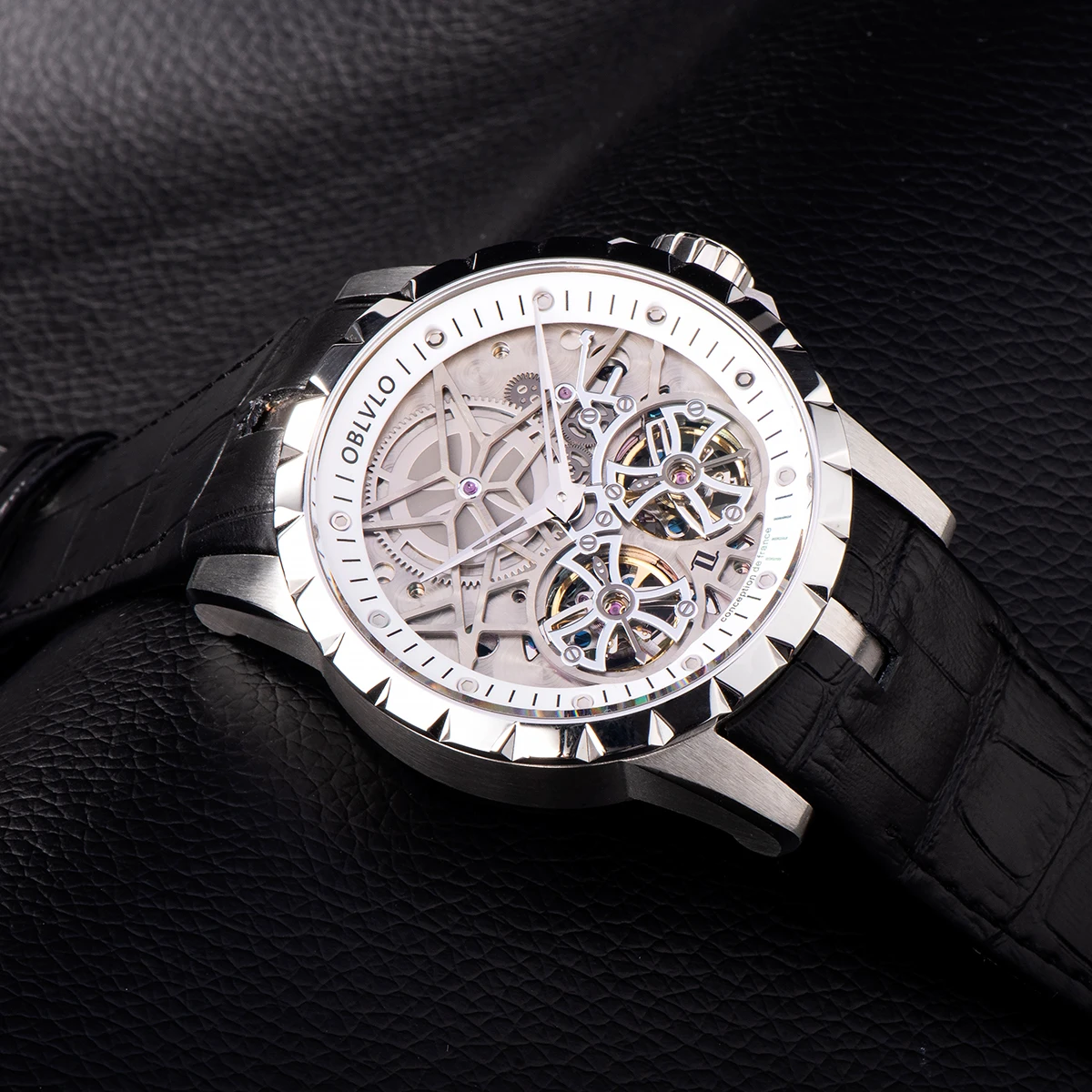 Oblvlo-メンズ自動巻き時計,高級腕時計,ピンクゴールド,スケルトン