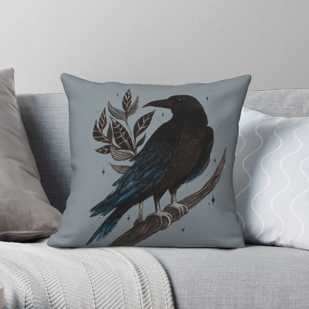 

Raven Square Pillowcase Polyester Linen Velvet Printed Zip Decor Sofa Seater Cushion Cover