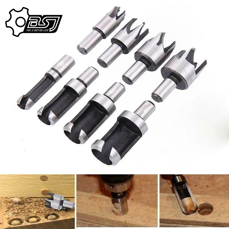 

8Pcs Wood Plug Cutter Drill Cutting Tool Drill Bit Set Straight And Tapered Taper 5/8" 1/2" 3/8" 1/4" Woodworking Cork Drill Bit