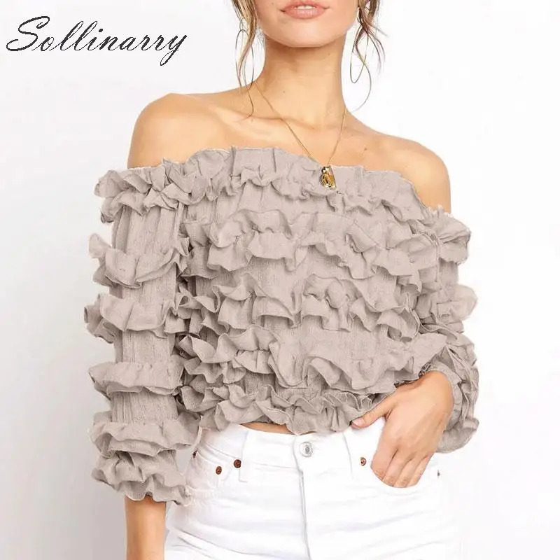 

Sollinarry Chic Feminine Ruffles Top and Blouses Long Sleeve Boho Casual Shirts Women 2019 Off Shoulder Korean Blouse Shirt Girl
