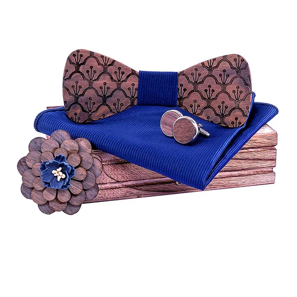 Wooden Bow Tie Men Set Square Scarf Cufflinks Brooch Party Stage Bow Tie Men's Accessories Logo Custom