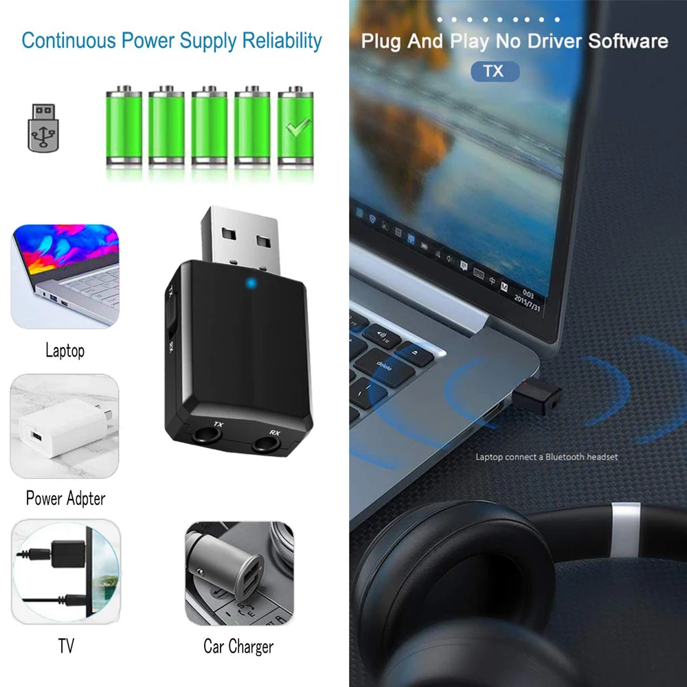 KN330 3 IN 1 USB Bluetooh 5.0 Audio Receiver Transmitter 3.5 AUX Jack RCA Stereo Wireless Bluetooth Adapter For TV PC Car Music
