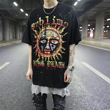 

T Shirt Men Hip Hop Pure Cotton Streetwear Retro Frayed Holes Helios Pattern 2020 Spring New Oversize Harajuku Men's T Shirt