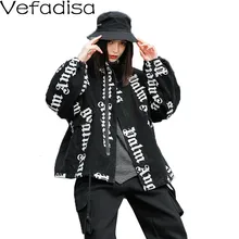 Vefadisa Letter Print Denim Coat Woman Winter Thick Denim Coat Black Zippers Stand Collar Loose Coat Hip-hop QYF1380