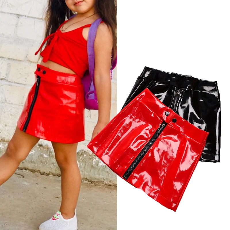 Wisefin Pu Leather Skirt Mini With Zipper In Front For Kids Red Black