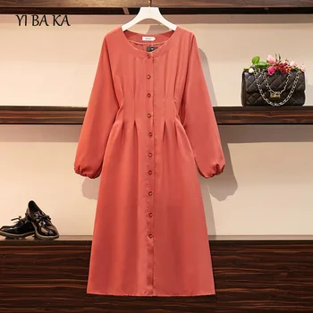 

plus size 3XL 4XL women dress 2020 autumn winter new long o neck solid dress elegant casual slim mid-calf female dress vestido