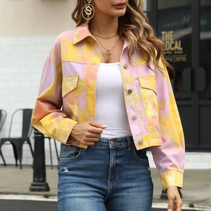 Женское джинсовое пальто Foridol tie dye укороченная куртка в стиле ретро на осень и
