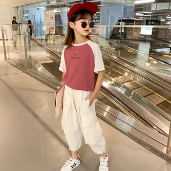 

Summer Girl Cotton Clothes T Shirt + Cargo Pants 2PCS Costume For Girls Teenage Kids Clothing 4 5 6 7 8 9 10 11 12 13 14 Years