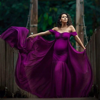 

Slash Neck Maternity Photography Props Chiffon Dresses With Long Tail Stretchy Pregnant Woman Dress For Photo Shoot