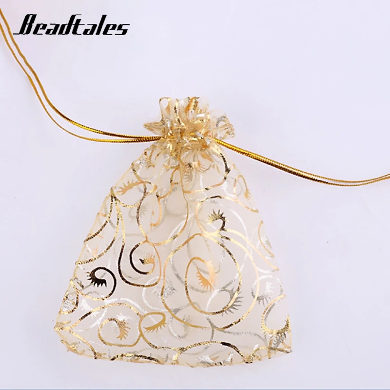 Beadtales 25pcs/lot Gold Color Circle Pattern Beads Jewelry Organza Jewelry Pouch Favor Wedding Party Gift Net Small Bag 50pcs lot star moon organza jewelry bags tulle sheer sachets drawstring gift bag wedding party favor pouches jewelry organizer