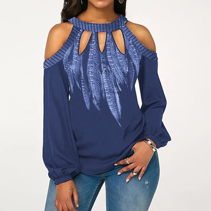 Taniafa Новое поступление женские шифоновые рубашки с длинным рукавом, повседневные свободные топы с принтом перьев, блузки размера плюс - Цвет: blue