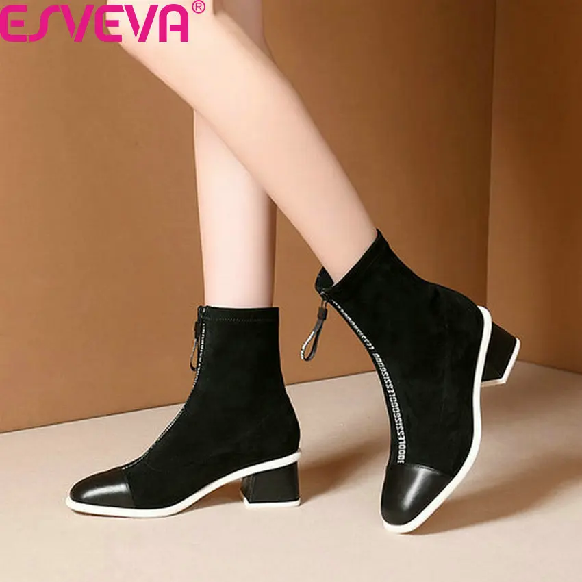 

ESVEVA 2020 Fashion Square Heel Zipper Ankle Boots Patchwork Stretch Flock PU Square Toe Autumn Winter Women Shoes Size 34-41