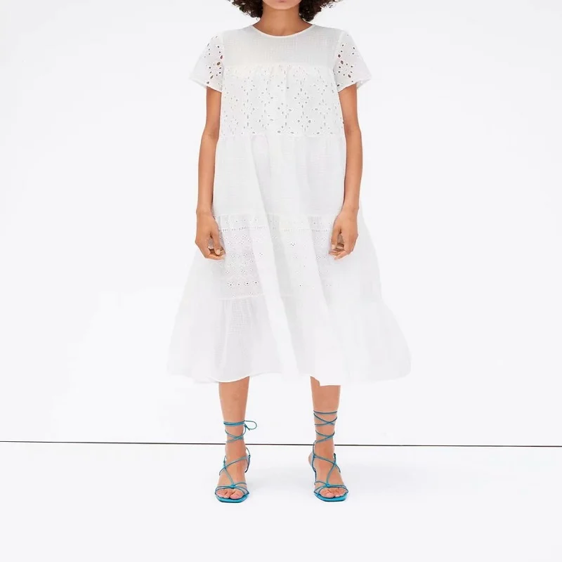 

Summer Embroidered ZA Dress Women Casual Floral O-Neck Sweet Straight Mid Calf White Dress