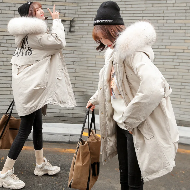 

2018 New Style Winter Coat Korean-style Lettered Hooded Large Fur Collar Thick Cotton-padded Clothes Student Short Small Cotton-