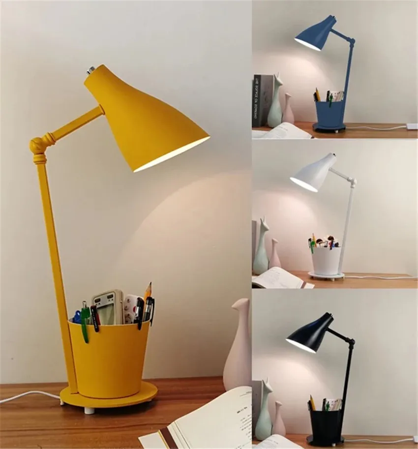 Современные художественные настольные лампы для спальни, кабинета, регулируемый Железный Настольный светильник на 360 градусов, с контейнером для ручек, настольная лампа