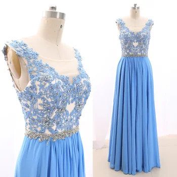 

MACloth Sky Blue A-Line O Neck Floor-Length Long Crystal Tulle Prom Dresses Dress M 267552 Clearance