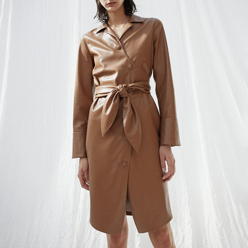 TWOTWINSTYLE кружевное платье из искусственной кожи для женщин воротник с лацканами с длинными рукавами и высокой талией платья женские осенние модные OL новые