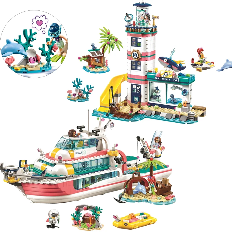 

Girl Friends Dolphin Lighthouse Rescue Center Large Yacht Club Mission Boat Compatible Lepining 41381 Building Blocks Brick Toys