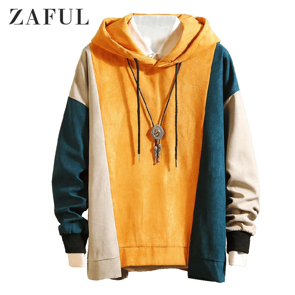 ZAFUL, толстовки, свитшоты, мужские, цвет-блокировка, с заниженным плечом, ассиметричный подол, худи, хлопок, пэчворк, повседневная, осенняя верхняя одежда - Цвет: Yellow