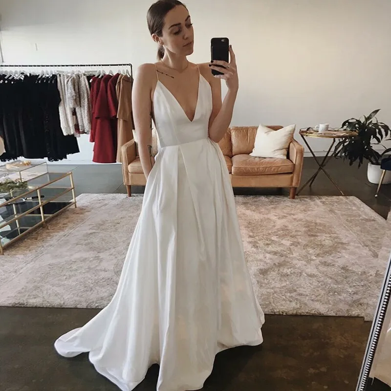 same as picture Menoqo White Evening Dress Satin V-Neck Backless Spaghetti Straps Floor Length Women Party Gown With Pocket Vestido De Festa - Цвет: same as picture