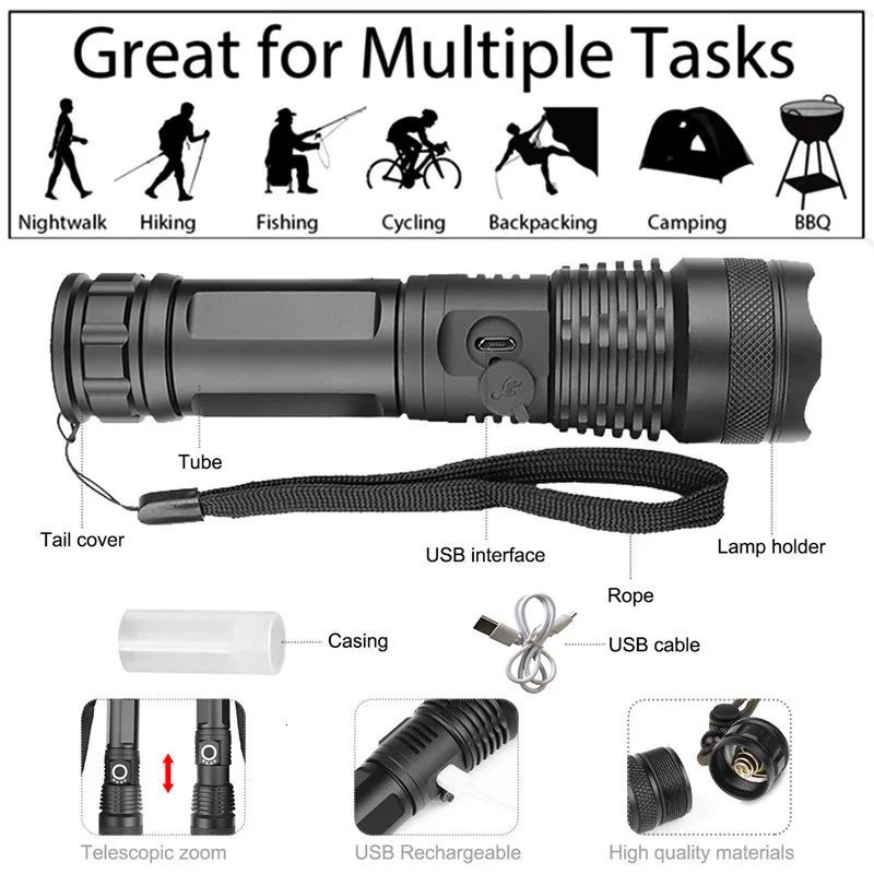 Yunmai 80000LMs мощный светодиодный фонарик XHP70 XHP50 Перезаряжаемый USB Zoom факел XHP70.2 18650 26650 Самозащита охотничья лампа