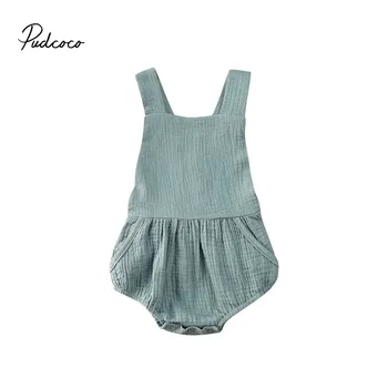 

2020 0-24M Infant Baby Boy Girl Clothes Bodysuit Sleeveless Solid Backless Jumpsuit Sunsuit Overalls Cotton Linen Baby Outfit