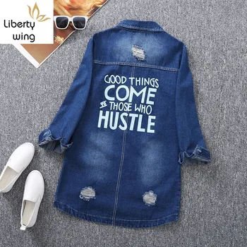 

Hole Ripped Letter Print Long Sleeve Womens Denim Korean Spring Autumn Medium Length Plus Size Casual Shirts Streetwear