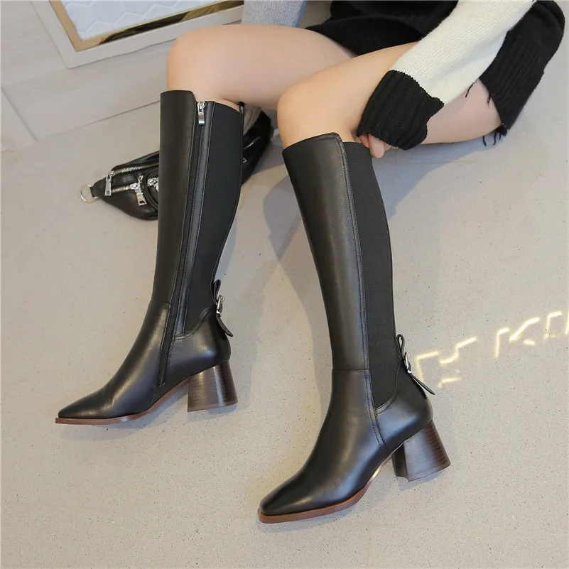 Meotina/Осенние Сапоги до колена женские высокие сапоги из натуральной кожи на толстом высоком каблуке обувь на молнии с квадратным носком женская зимняя обувь, размер 43