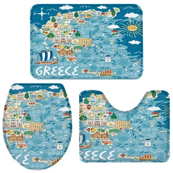 

3 Pieces Bathroom Set Greece Island Map Cartoon Bath Set Toilet Cover Mat Pedestal Rug Non-Slip Bathroom Rug Set
