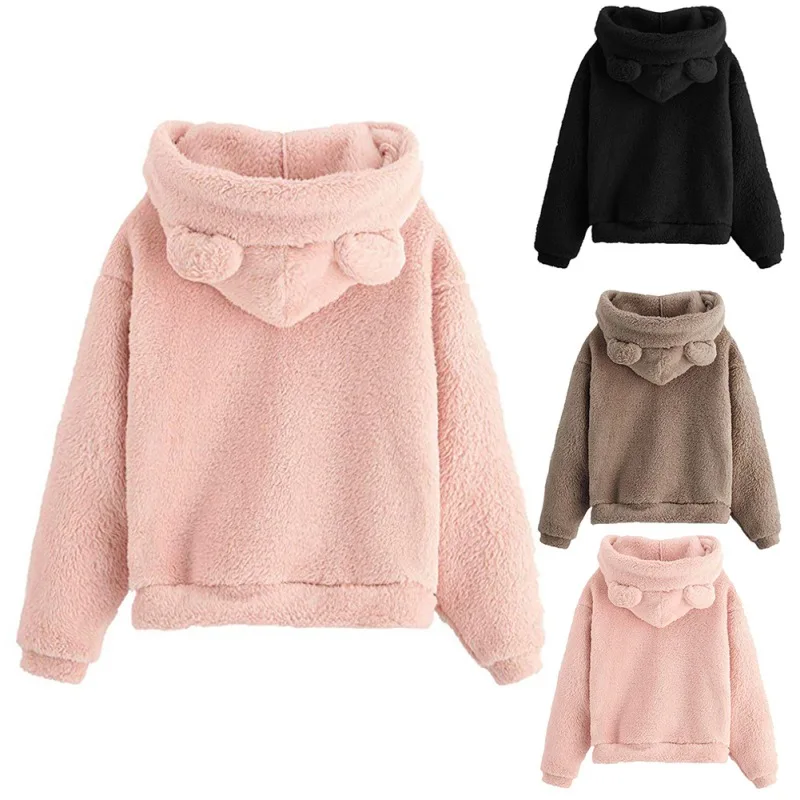 Women Hoodie Warm Cute Bear Hoodie Fleece Pullover Hoodie Top Female Long Sleeve Winter Faux Sweatshirt