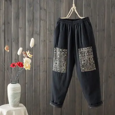 Черный Женские брюки из плотного хлопка с подкладкой из хлопка и льна, зима, с принтом, теплые, большие размеры, с карманами, женские повседневные брюки - Цвет: Черный