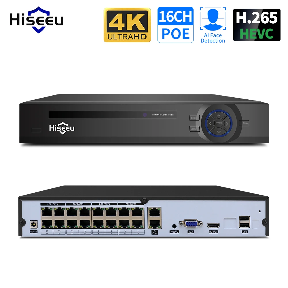 Камера видеонаблюдения Hiseeu 4K 16 каналов POE NVR H.265 IP 1080P/3 Мп/4 МП/5 Мп/8 МП/4K Onvif |