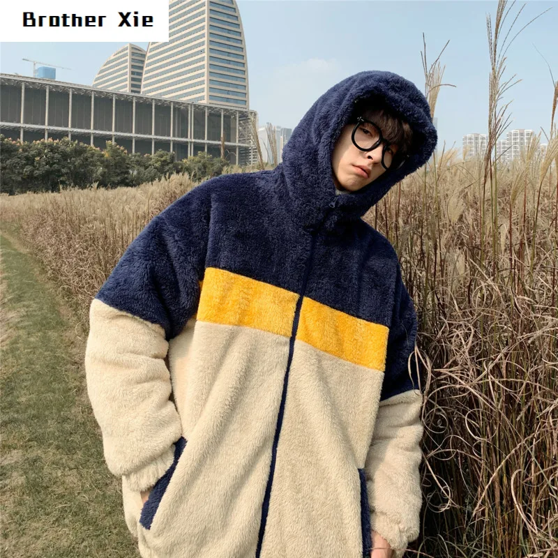 

Winter Lamb Fur Jacket Men's Warm Parka Men Fashion Contrast Casual Hooded Coat Man Wild Loose Thick Jacket Male Clothes