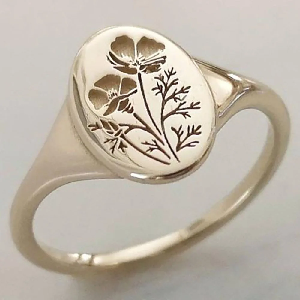 Delicate Oval Wildflowers Ring Dainty Classic and Exquisite Print Pattern Floral Daisy Flower Ring for Women Wreath Hand carved