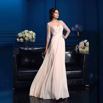 

Affordable Hot Sale Pink Chiffon Deep V Neck Mother of the Bride Dresses Beading Bodice Wedding Party Gowns Half Sleeves