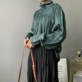 

Korean Elegant Half-high Neck Shirt Female Court Style Smooth Pleated Shirt Green Black Beige Summer Tops