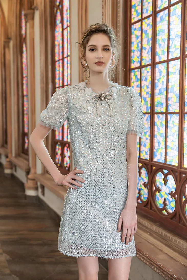 Дизайнерское летнее платье Marie Elie Xi с блестками и бантом, с коротким рукавом, с цветочным принтом, женские платья, весна и лето, новые товары