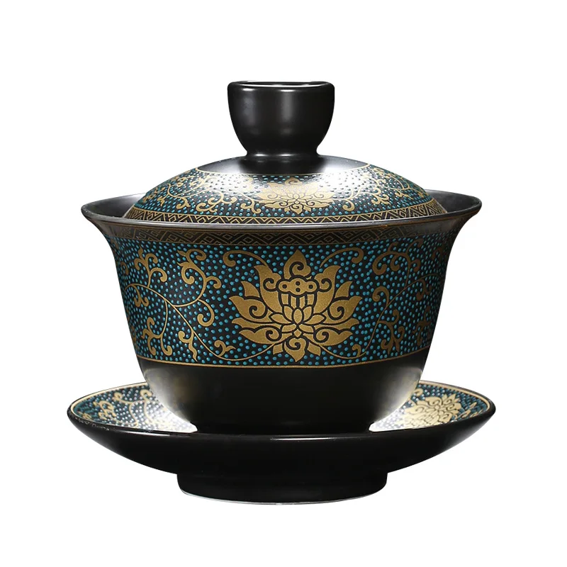 Chinese Teaset Classical Gaiwan Tea Cups Black Clay Tureen 180ml Lid Bowl Saucer Traditional Handmade Tea Brew Cup